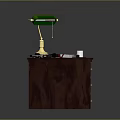 Wooden Office Desk Featuring Green Lamp Gold Base Green Mat Tools White Cup And Steaming Glass