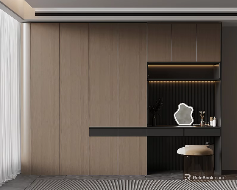 Modern Workspace Interior With Wooden Cabinets Desk Stool And Mirror Decor 3d model