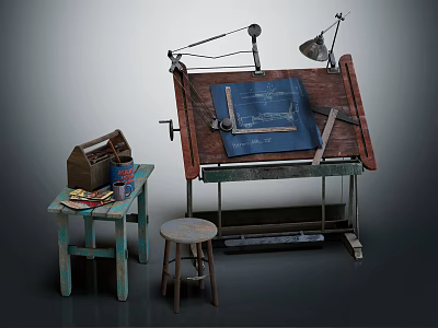 Vintage Artist Workspace with Drawing Table Blue Board Desk Lamp Toolbox Stool and Colored Pencils 3d model