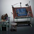 Vintage Artist Workspace with Drawing Table Blue Board Desk Lamp Toolbox Stool and Colored Pencils