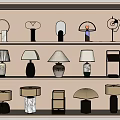 Stylish Table Lamps With Various Designs And Materials On Shelf 3d model