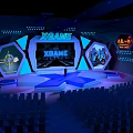X GAME Stage Setup With Large Screen Hexagonal Displays Blue Lighting And Audience Seats 3d model