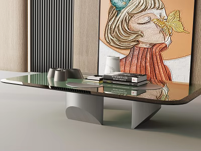 Sofa And Coffee Table Set With Glass Top Metal Base Books Vase And Modern Artwork 3d model