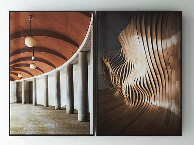 Architectural Interior With Arched Ceiling Columns And Wooden Wave Artwork 3d model