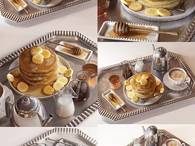 Stacked Pancakes With Lemon Slices Honey Syrup Coffee And Milk On Tray 3d model