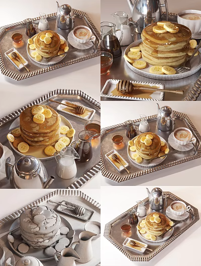 Stacked Pancakes With Lemon Slices Honey Syrup Coffee And Milk On Tray 3d model