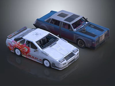 Two Custom Cars White With Red Flame Decal And Blue With Dark Roof 3d model