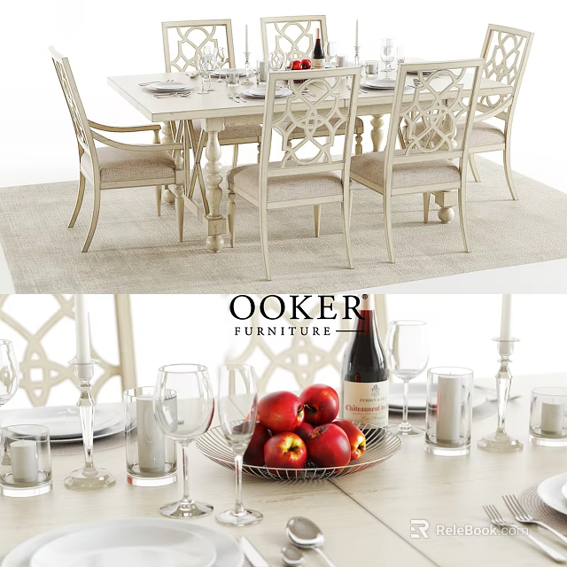 Elegant White Dining Table Set With Carved Chairs Tableware Wine Glasses And Apples 3d model 