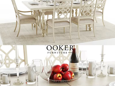 Elegant White Dining Table Set With Carved Chairs Tableware Wine Glasses And Apples 3d model