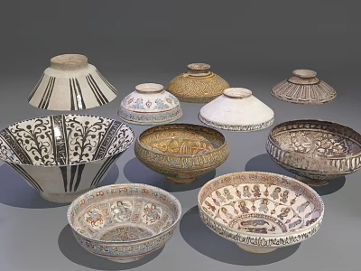 Collection of Ceramic Vessels With Intricate Decorative Patterns And Traditional Styles 3d model
