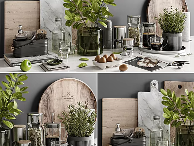 Modern Kitchenware Display With Wooden Cutting Boards Marble Counter Green Plants And Glass Jars 3d model