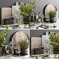Modern Kitchenware Display With Wooden Cutting Boards Marble Counter Green Plants And Glass Jars