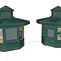 Green Octagonal Street Kiosks With Rooftop And Poster Covered Windows