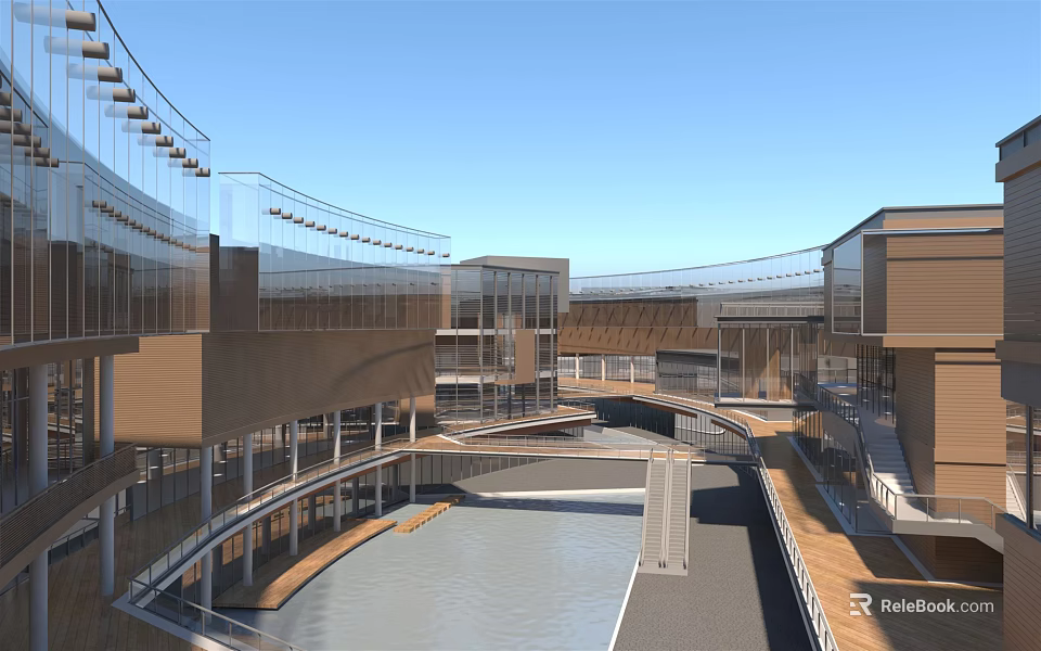 Modern Commercial Street With Waterway Bridges Open Pedestrian Area And Architectural Design 3d model 