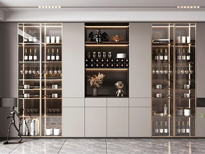 Elegant Modern Wine Cabinet Interior Design With Glass Doors Wine Bottles And Glassware 3d model