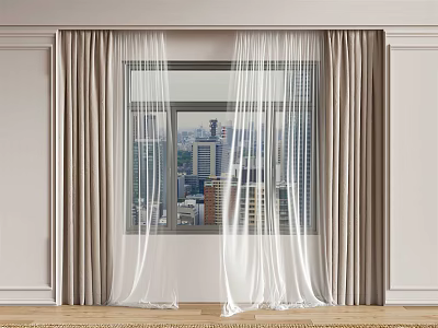 Beige Curtains And White Sheer Drapes For Floor To Ceiling Window With City View 3d model