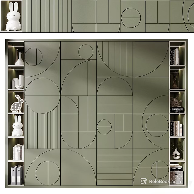 Modern Green Decorative Cabinet With Geometric Lines Circular Patterns Open Shelves And Decorations 3d model 