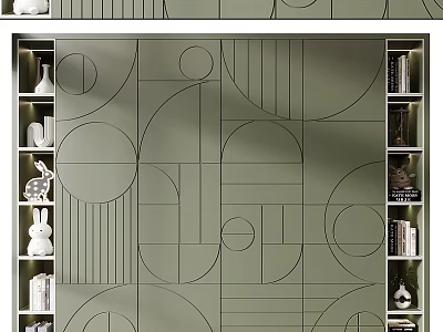 Modern Green Decorative Cabinet With Geometric Lines Circular Patterns Open Shelves And Decorations 3d model
