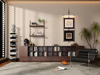 Modern Wooden Bookcase With Books Plants Decorative Items And Wall Art In Bright Room 3d model