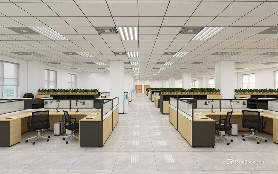 Spacious Public Office Space With Open Layout Workstations Cubicles And Green Plants 3d model