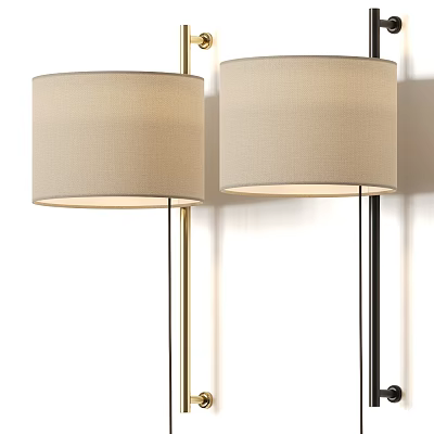 Two Modern Minimalist Wall Lamps With Beige Fabric Shades And Gold Black Metal Frames 3d model
