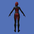 Woman in Red and Black Bodysuit With Red Hair and Mask Against Blue Background