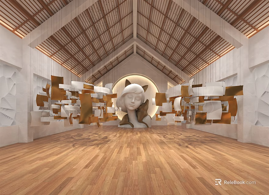 Elegant Exhibition Hall Interior Featuring Wooden Roof Structure Central Sculpture White Walls And Geometric Decor 3d model 