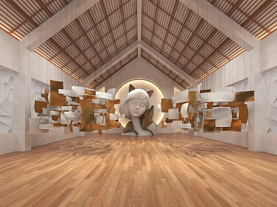 Elegant Exhibition Hall Interior Featuring Wooden Roof Structure Central Sculpture White Walls And Geometric Decor 3d model