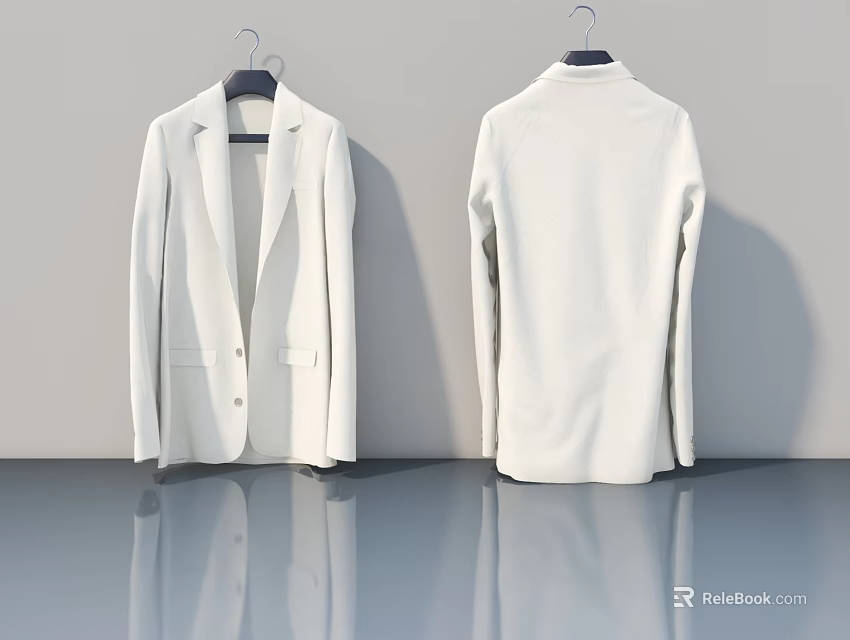 White Blazer Front And Back View Hanging On Hanger With Grey Wall And Reflective Floor 3d model 