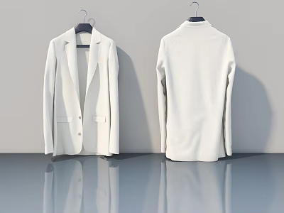 White Blazer Front And Back View Hanging On Hanger With Grey Wall And Reflective Floor 3d model