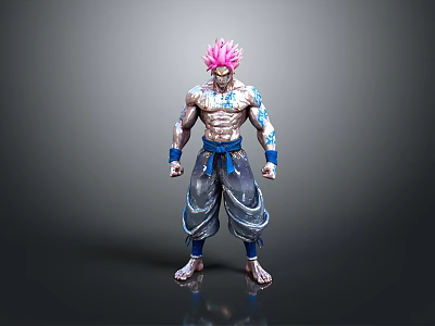 3D Model Male Character Pink Hair Blue Tattoos Blue Belt Torn Pants Muscular Standing Pose 3d model