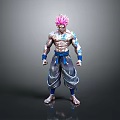 3D Model Male Character Pink Hair Blue Tattoos Blue Belt Torn Pants Muscular Standing Pose