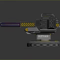 Futuristic Dual Barrel Weapon With Black Yellow Purple Orange Stripes Warning Stripes And Circular Base