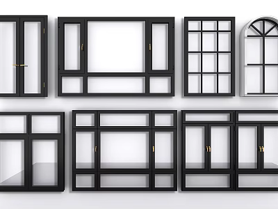 Casement Windows With Various Designs Black Frames And Multiple Pane Layouts 3d model