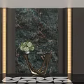 Elegant Modern Foyer Hallway With Marble Backdrop Gold Accents Green Plants And Geometric Tiles