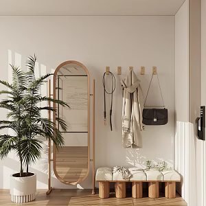 Entrance full-length mirror hanging clothes pole shoe changing stool 3d model