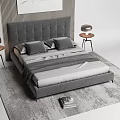 Modern Double Bed in Background With Gray Headboard Nightstands Table Lamps and Striped Wall Art