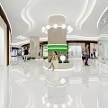 Modern Shopping Mall Atrium With Circular Ceiling Light Polka Dot Pillars And Escalators 3d model