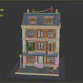 Three Story Brick Building Model With Blue Roof Windows Street Lamp And Fire Hydrant