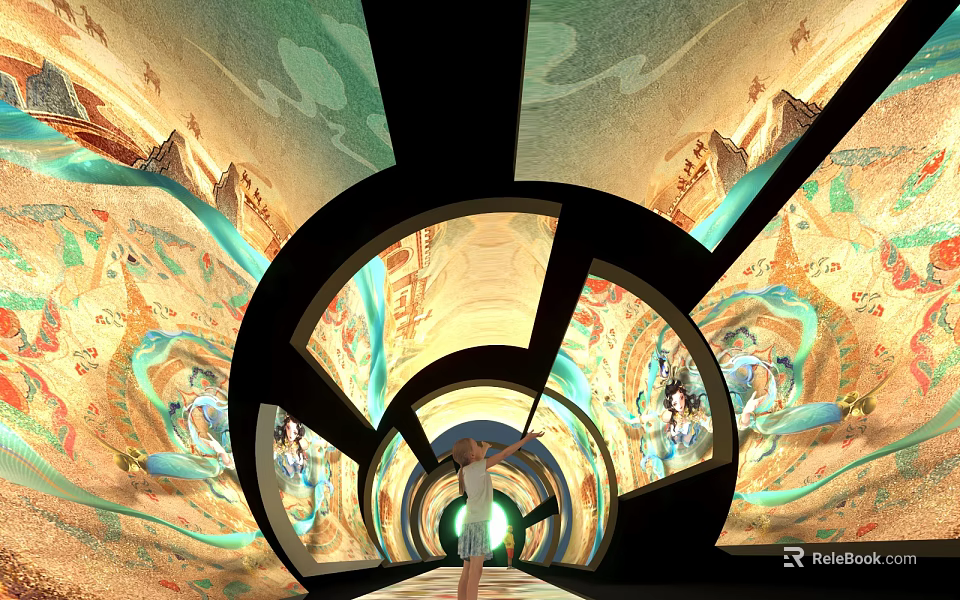 Artistic Tunnel With Colorful Murals Featuring Landscape Figures And Immersive Experience With Person Walking 3d model 