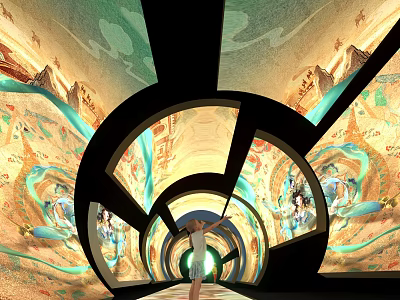 Artistic Tunnel With Colorful Murals Featuring Landscape Figures And Immersive Experience With Person Walking 3d model