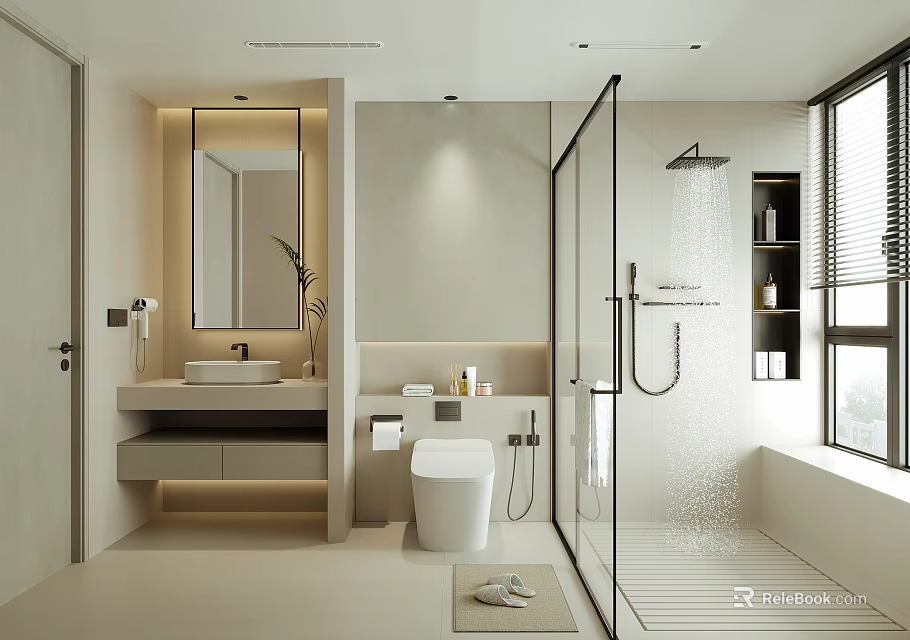 Modern Bathroom Interior With Vanity Sink Mirror Toilet Glass Shower And Light Colored Walls 3d model 