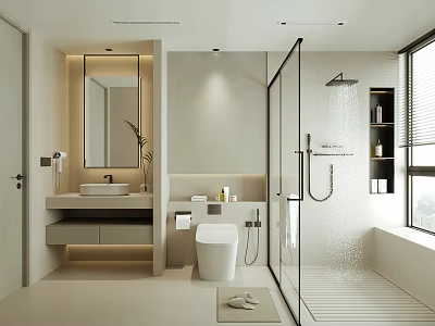 Modern Bathroom Interior With Vanity Sink Mirror Toilet Glass Shower And Light Colored Walls 3d model