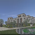 Modern Townhouse Community With Lush Greenery Water Feature And Courtyard
