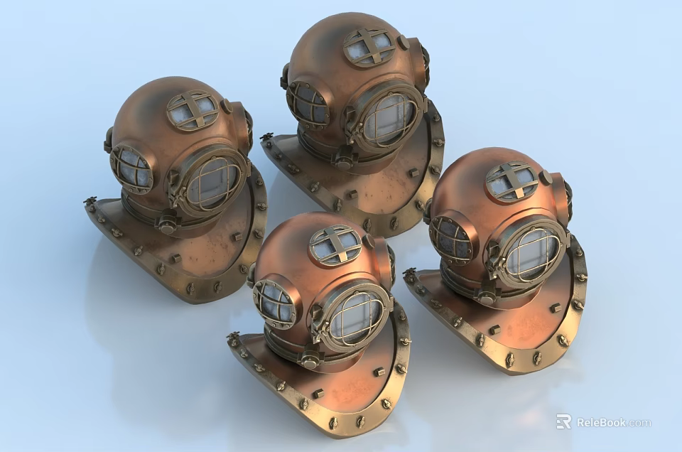 Four Vintage Brass Diving Helmets Displayed On Light Background With Glass Windows 3d model 