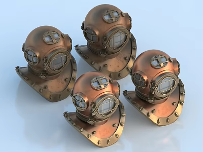 Four Vintage Brass Diving Helmets Displayed On Light Background With Glass Windows 3d model