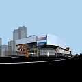 Modern Commercial Complex Facade with Glass Curtain Wall Lighting Crowd Sculpture and High Rise Buildings