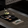 Traditional Tea Ceremony Setting With Teapot Cups Tray And Flower Arrangement