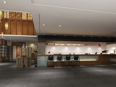 Elegant Clubhouse Lobby Interior Design With Wooden Decor And Front Desk Chairs 3d model