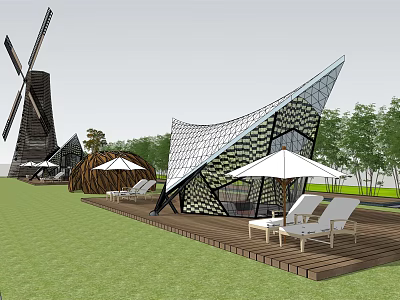 Modern Geometric Hotel Building With Windmill Outdoor Lawn And Lounge Chairs 3d model